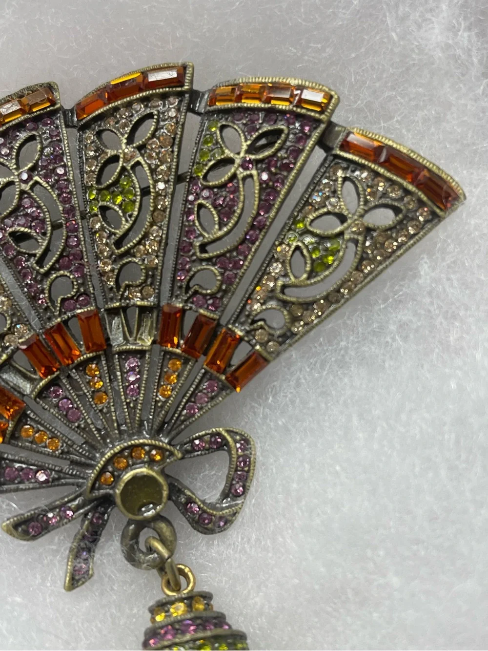 Heidi Daus Vintage Fan Brooch Crystals Pin Green Purple Rust Pave Broach FLAWs